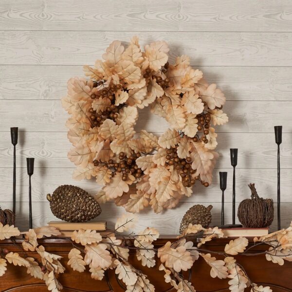 Close-up of blooms and berries on this Bleached Cream Oak Leaf Berry Fall Wreath