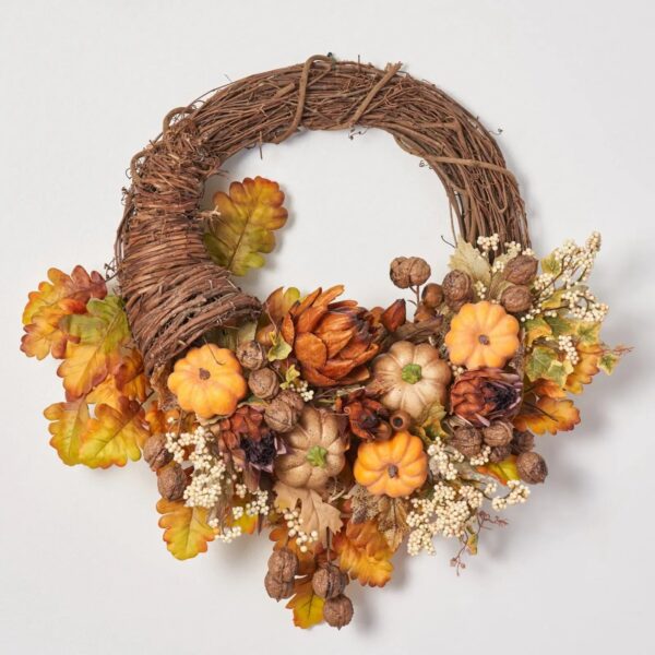 Harvest Homecoming - Artichoke, Pumpkin, Berry and Oak Leaf Thanksgiving Cornucopia Wreath