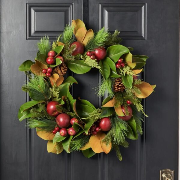 Real Touch Magnolia, Pine, Faux Red Apple and Pinecone Fall Christmas Front Door Wreath