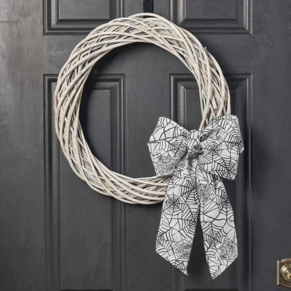 White Washed Wicker Willow Wreath with Black and Grey Spiderweb Halloween Bow