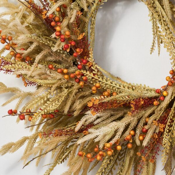 Close-up of blooms and berries on this Dried - Look Neutral Tone Door Autumn Wreath