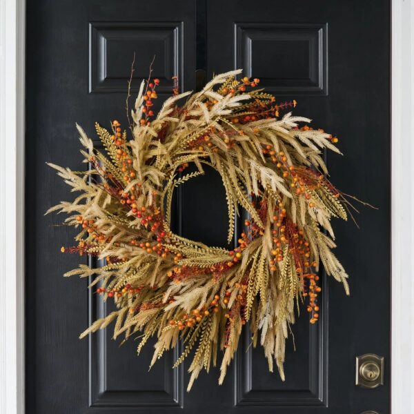 Dried - Look Neutral Tone Wheat Grass with Fall Door Autumn Wreath - 26 inch