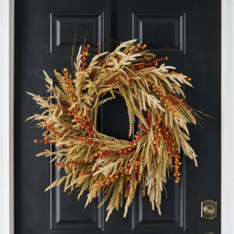 Dried - Look Neutral Tone Wheat Grass with Fall Door Autumn Wreath - 26 inch