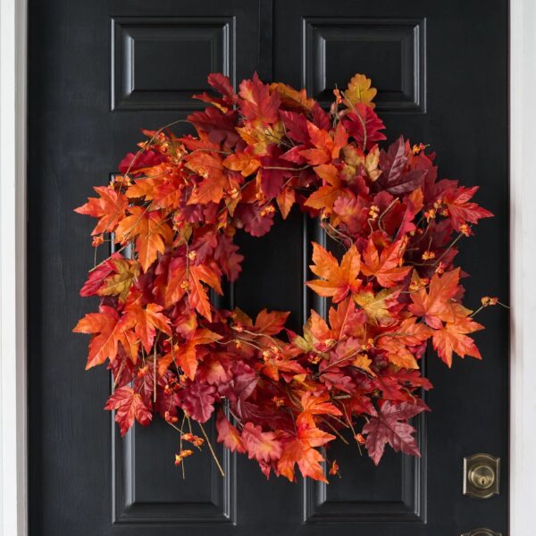 Autumn Blaze Red Maple and Oak Leaf Bittersweet Berry Fall Front Door Mantel Wreath