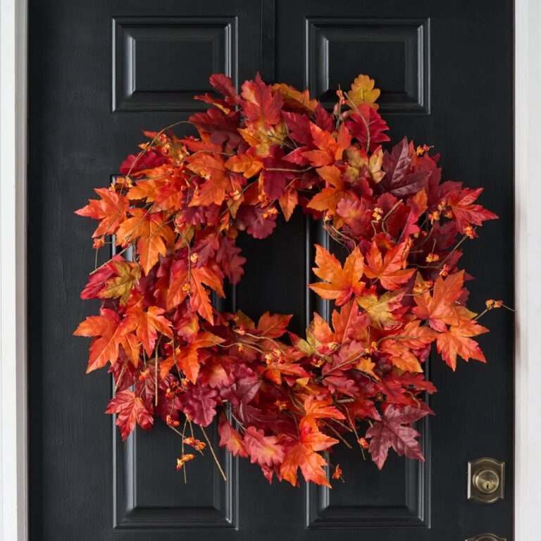 Autumn Blaze Red Maple and Oak Leaf Bittersweet Berry Fall Front Door Mantel Wreath