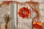 Side view of the Autumn Blaze Red Maple Door Mantel Wreath revealing frame and backing