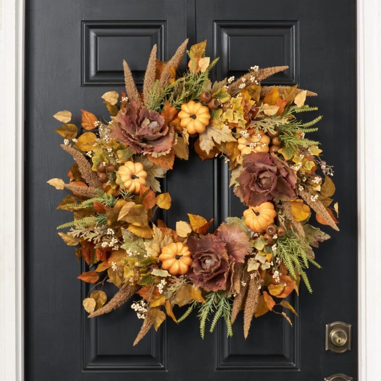 First Harvest - Flocked Foxtail, Autumn Cabbage and Weathered Pumpkin Thanksgiving Fall Front Door Wreath