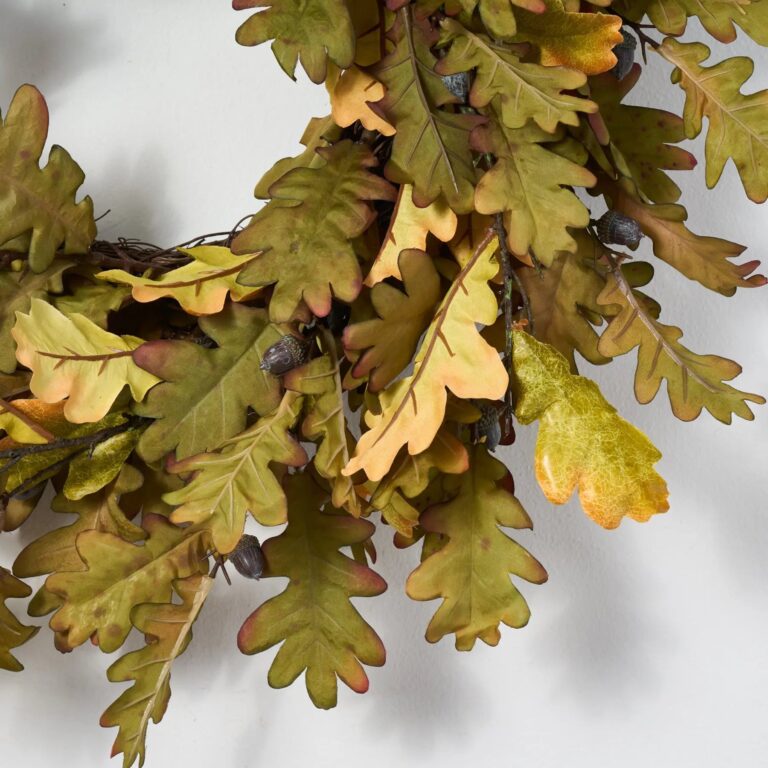 Close-up of blooms and berries on this Autumn Green Oak Leaf Front Door Wreath
