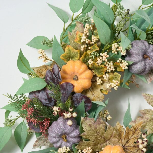 Close-up of blooms and berries on this Fall Orange and Purple Pumpkin, Door Autumn Wreath