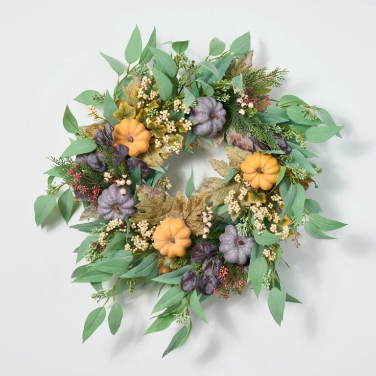 Fall Orange and Purple Pumpkin, Mixed Berry, Needle Leaf Door Autumn Wreath - 24 inch