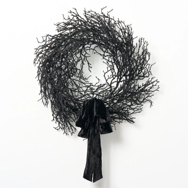 Night Before Halloween - Raw Edge Black Velvet Bow Front Door Wreath