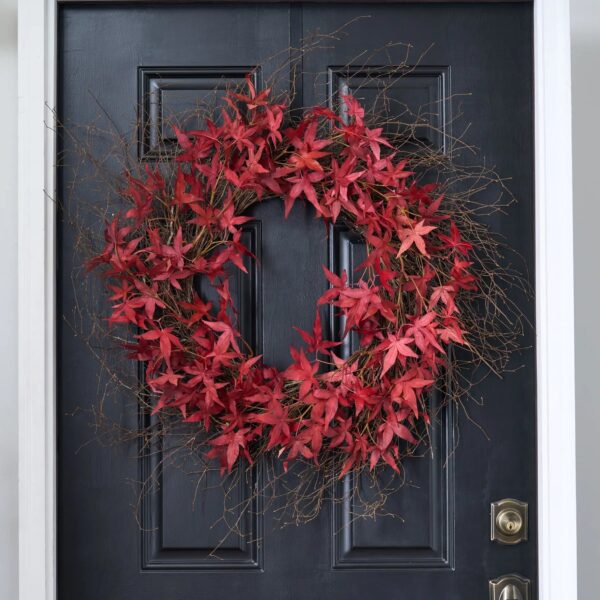 Close-up of blooms and berries on this Red Japanese Maple Leaf Classic Classic Fall Wreath