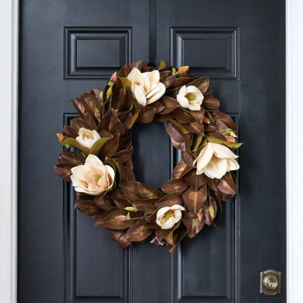 Close-up of blooms and berries on this Classic Real Touch Golden Brown Front Door Wreath