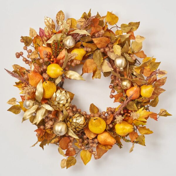 Golden Harvest - Yellow and Orange Pear, Gold Leaf Front Door Wreath
