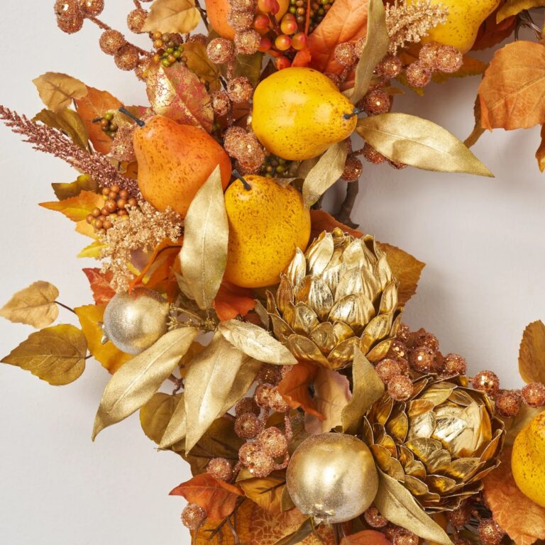 Close-up of blooms and berries on this Golden Harvest - Yellow Front Door Wreath