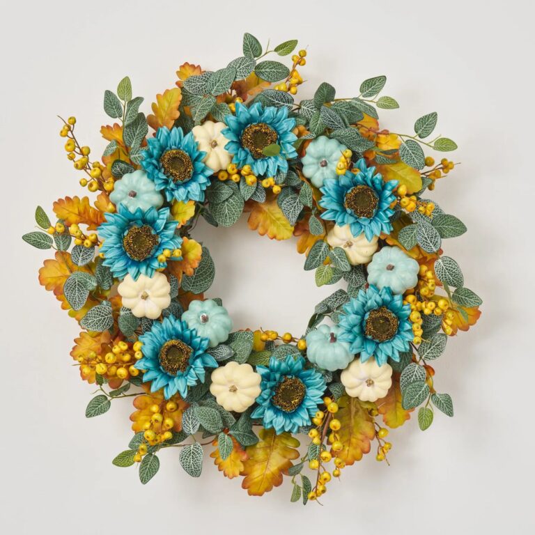 Pumpkins by the Sea - Turquoise Sunflower, Cream Front Door Wreath