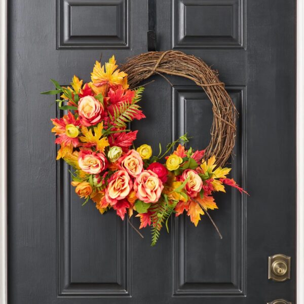 Maple Medley - Flame Rose and Mixed Fall Ranunculus Door Side Wreath - 22 inch