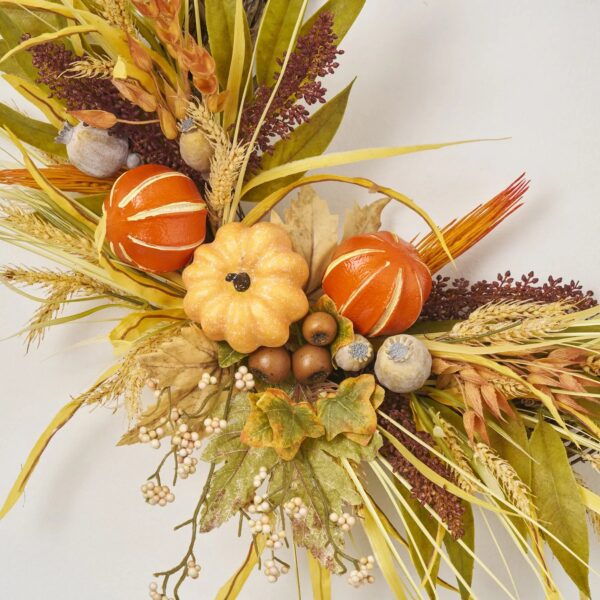 Close-up of blooms and berries on this Orange Pumpkin Spice - Fall Front Door Wreath