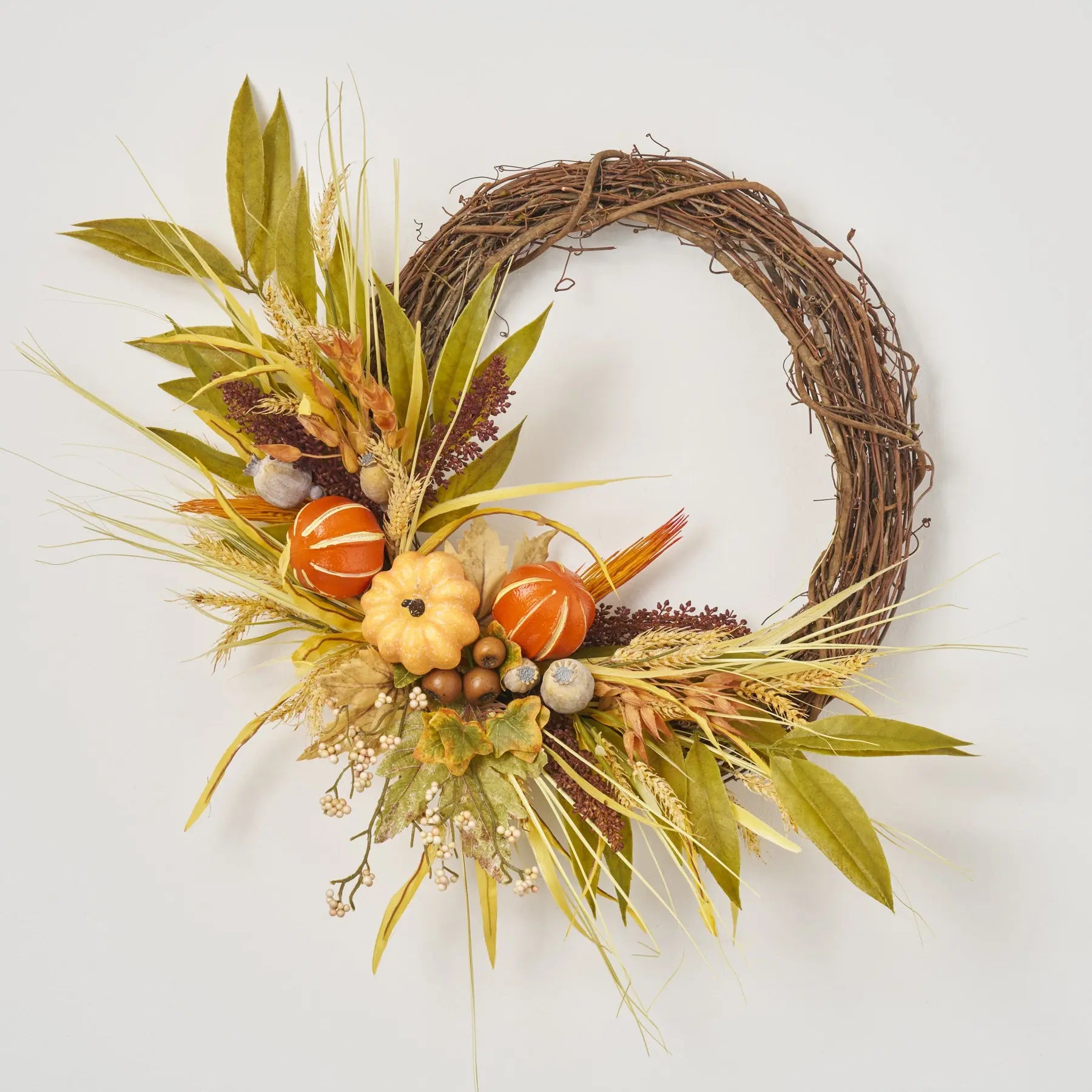 FW1389OrangePumpkinSpice-FallGreenEucalyptus_Wheat_BerryAsymmetricalAutumnFrontDoorWreath_3.jpg Orange Pumpkin Spice - Fall Green Eucalyptus, Wheat and Berry Asymmetrical Autumn Front Door Wreath
