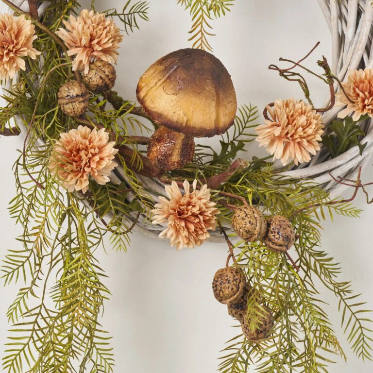 Close-up of blooms and berries on this Fairy Garden Fungi - Faux Front Door Wreath