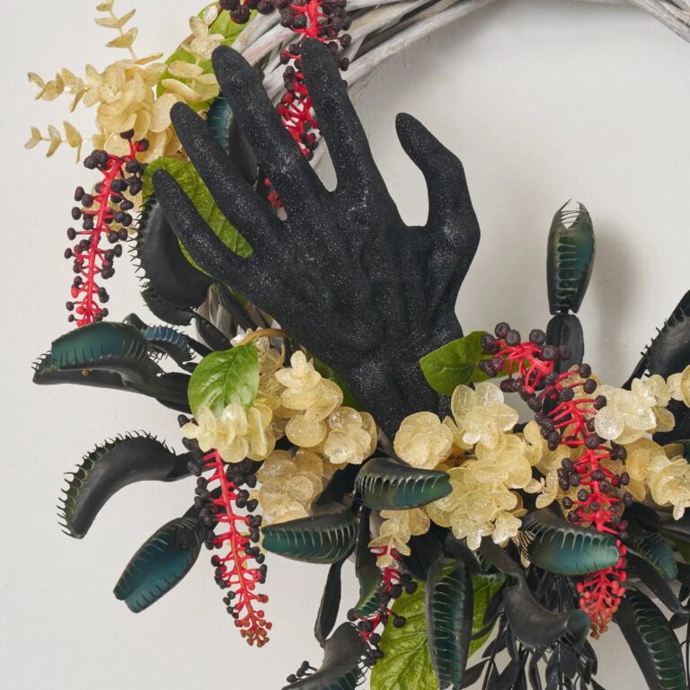 Close-up of blooms and berries on this Fright Night - Venus Flytrap, Front Door Wreath