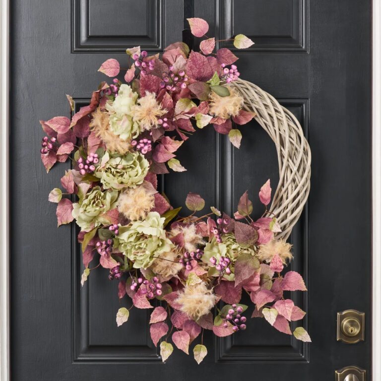 Mauve Mist - Green Peony, Purple Berry, Puff Ball Front Door Wreath - Mauve and