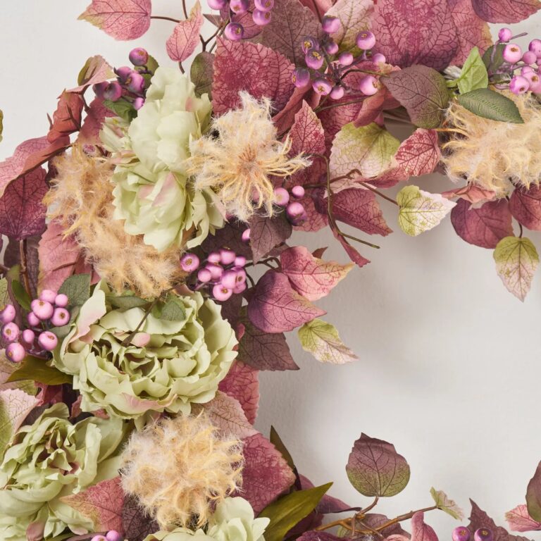 Close-up of blooms and berries on this Mauve Mist - Green Peony, Front Door Wreath