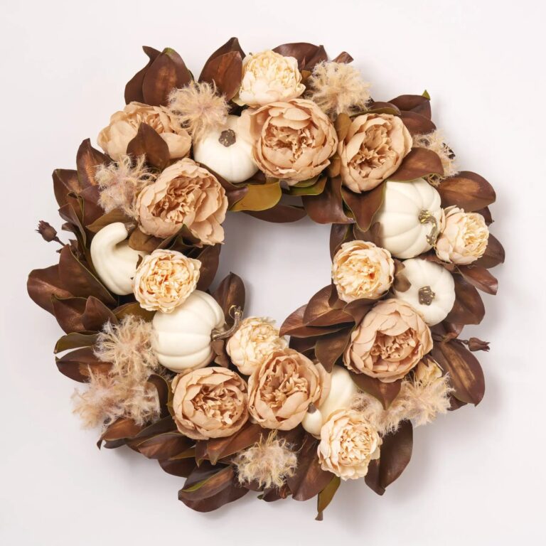Peonies and Pumpkins - Mixed Cream, Beige and Neutral Front Door Wreath with Lifelike Brown