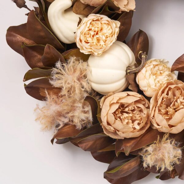Close-up of blooms and berries on this Peonies and Pumpkins - Mixed Front Door Wreath