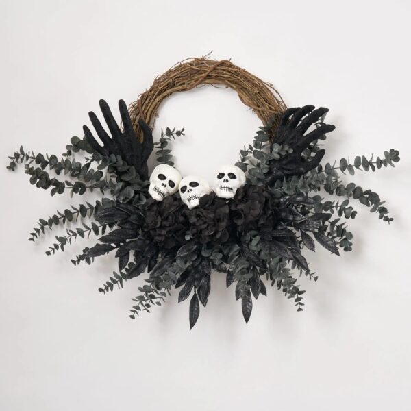 Haunting Beauty - Midnight Eucalyptus, Black Hydrangea, Glitter Ghoul Halloween Fall Wreath - Black and
