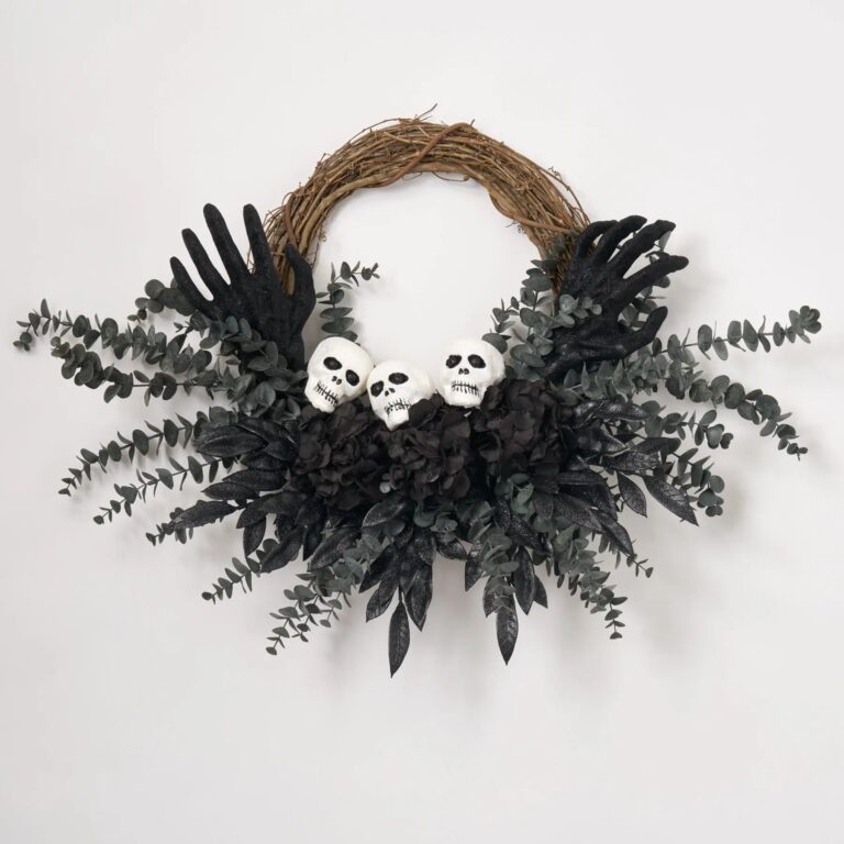 Haunting Beauty - Midnight Eucalyptus, Black Hydrangea, Glitter Ghoul Halloween Fall Wreath - Black and