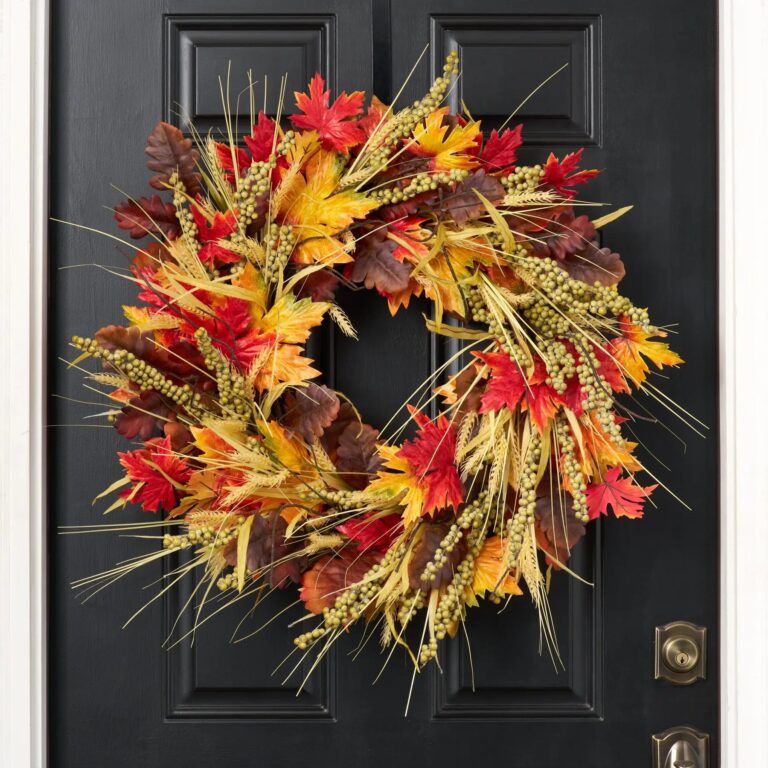 Fall Medley - Red Orange Maple Leaf, Brown Oak Front Door Wreath
