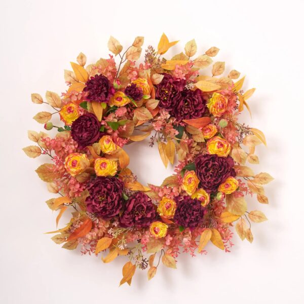 Close-up of blooms and berries on this October Afterglow - Wine Peony, Front Door Wreath