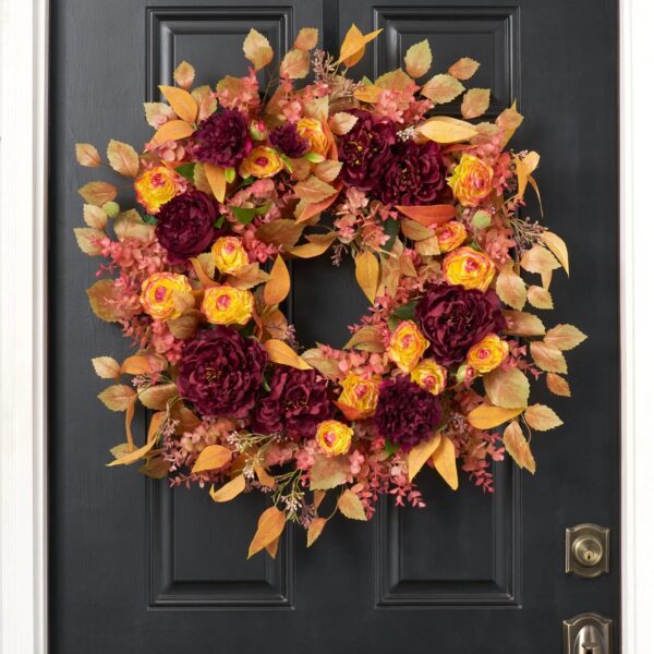 October Afterglow - Wine Peony, Yellow Burgundy Ranunculus, Terracotta Front Door Wreath