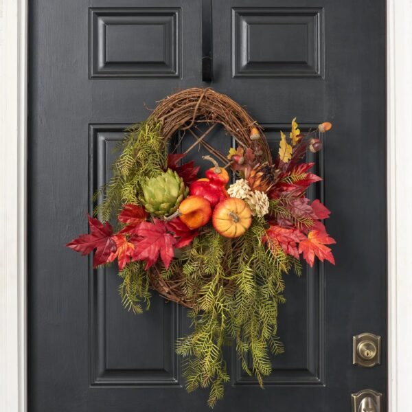 Heirloom Harvest - Green Artichoke, Pumpkin and Gourd, Fall Door Basket Wreath - Multicolored