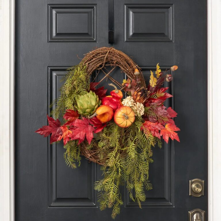 Heirloom Harvest - Green Artichoke, Pumpkin and Gourd, Fall Door Basket Wreath - Multicolored