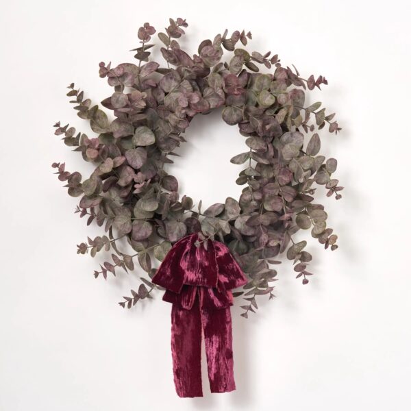 Close-up of blooms and berries on this Frosted Purple and Green Eucalyptus Seasons Fall Wreath