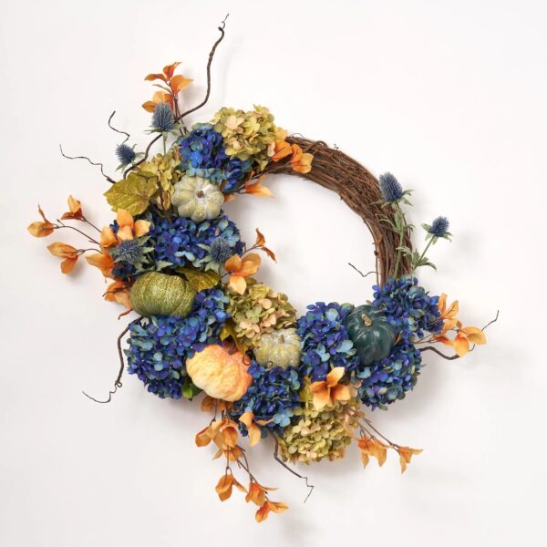 Twilight Pumpkin Patch - Blue and Green Hydrangea, Pumpkins, Front Door Wreath