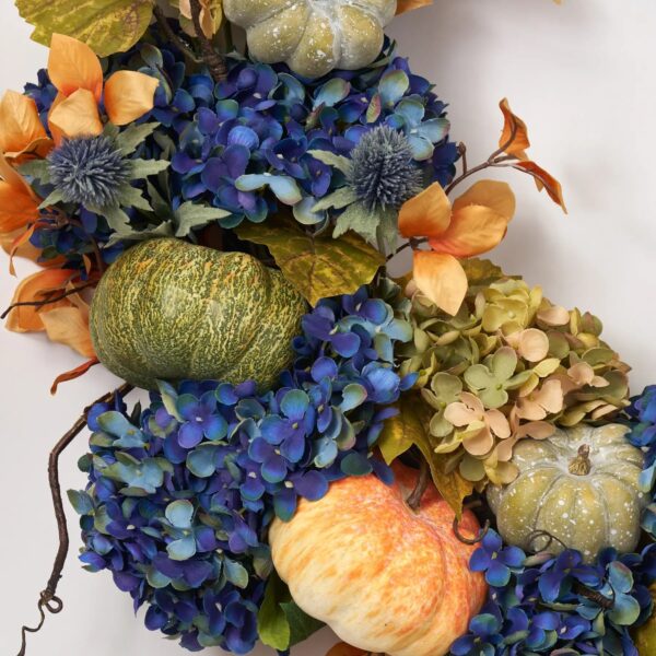 Close-up of blooms and berries on this Twilight Pumpkin Patch - Blue Front Door Wreath