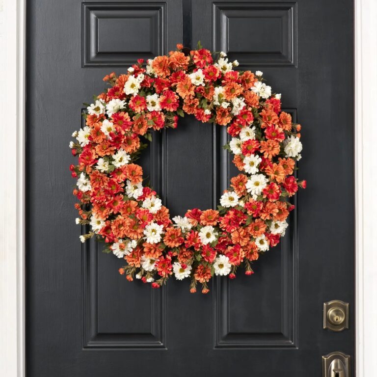 Zinnia Mum Cream, Orange and Red Fall Front Door Faux Floral Thanksgiving Wreath