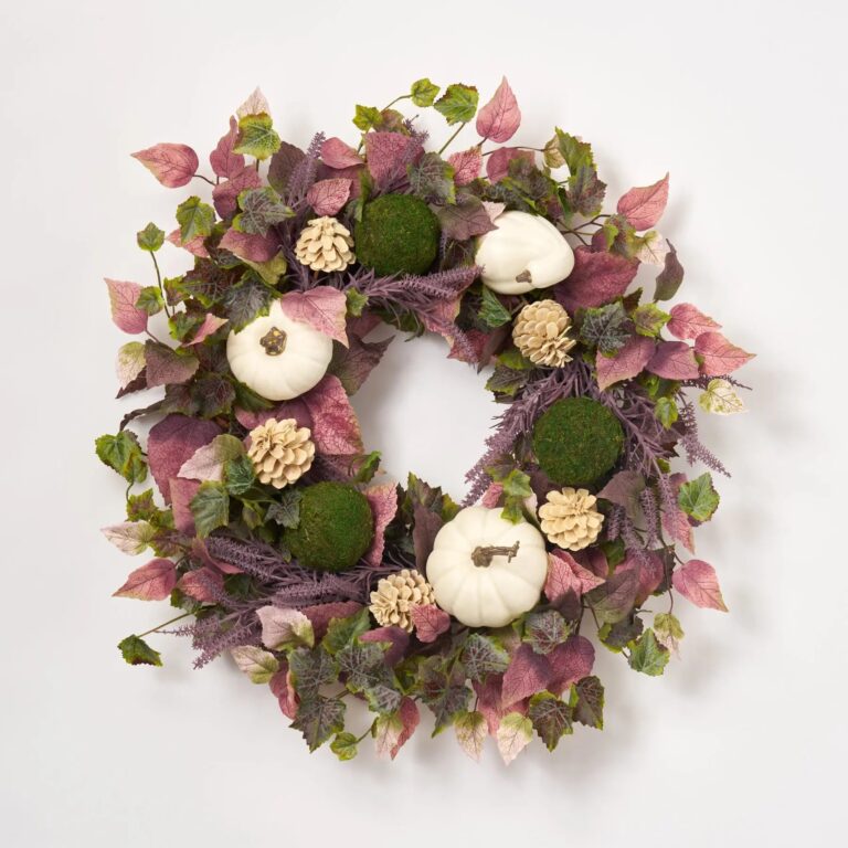 Close-up of blooms and berries on this White Pumpkin and Gourd, Lavender Front Door Wreath