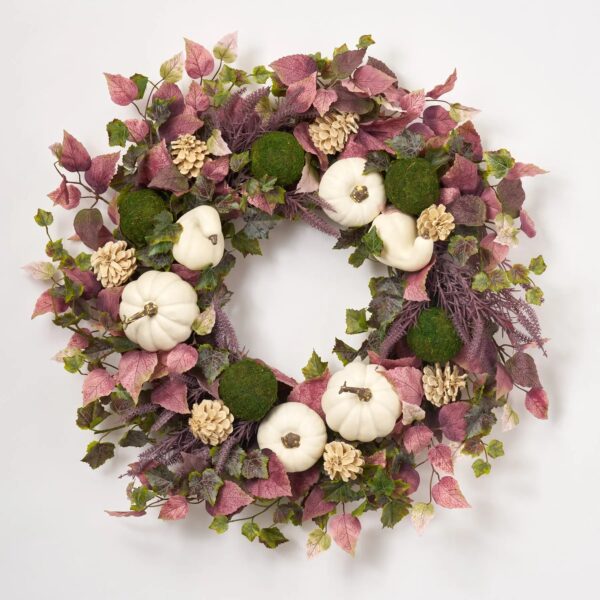 White Pumpkin and Gourd, Lavender Astilbe, Bleached Pinecones Front Door Wreath