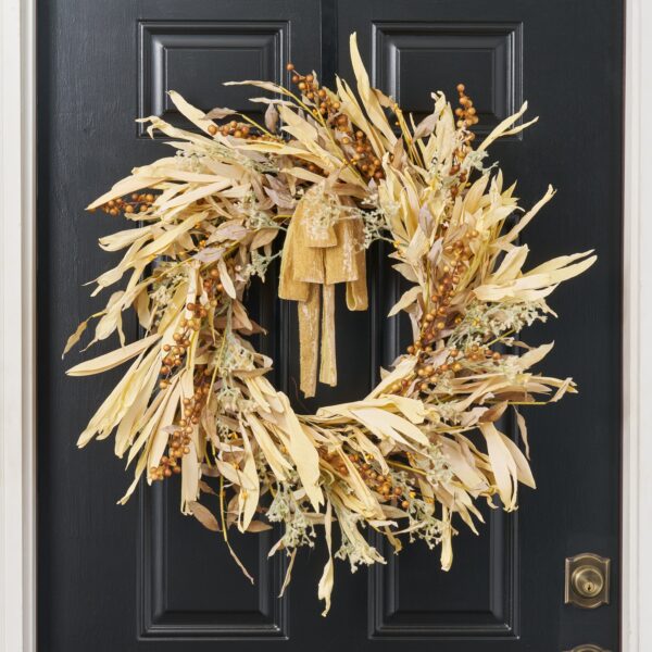 Lifelike Faux Corn Husk, Bleached Olive Leaf, Brown Currant Front Door Wreath