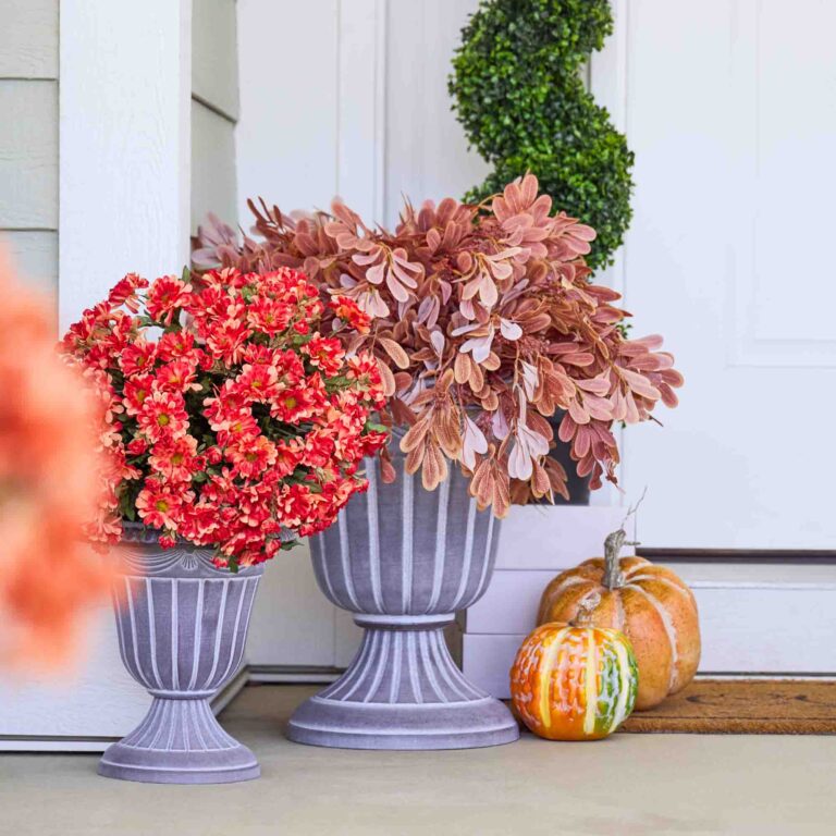 Close-up of bloom cluster detail on this Autumn Espresso Privet Bush Faux Front Porch Arrangement