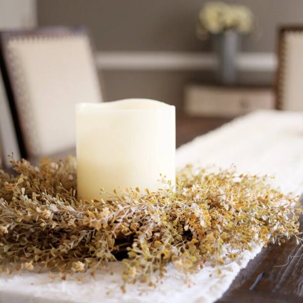 Close-up of blooms and berries on this Fall Wheat Seeding Boxwood Mini Candle Wreath Centerpiece