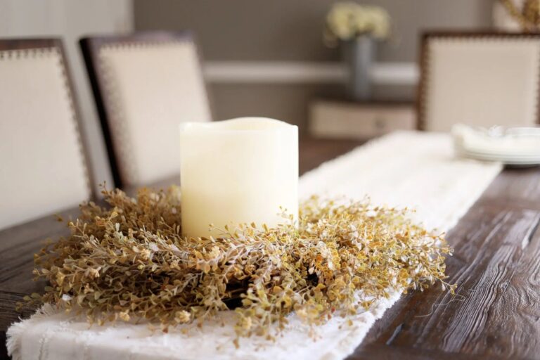 Close-up of blooms and berries on this Fall Wheat Seeding Boxwood Mini Candle Wreath Centerpiece
