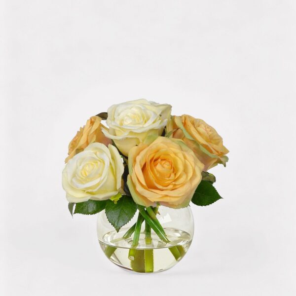 Faux Yellow Rose Arrangement in Glass Vase - 7 inch