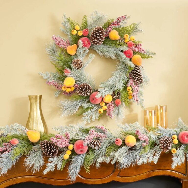 Close-up of blooms and berries on this Frosted Fruit - Sugared Apple, Front Door Wreath