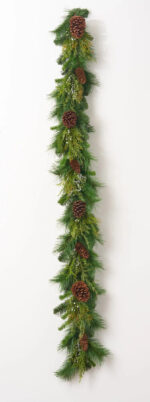 Alternate angle of the Classic Holiday Greens and Pinecone Front Door Garland showing full length