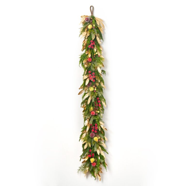 Close-up of greenery along the garland on this Della Robbia Style Christmas Holiday Christmas Holiday